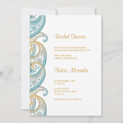 Teal and Gold Indian Paisley Bridal Shower Invitation