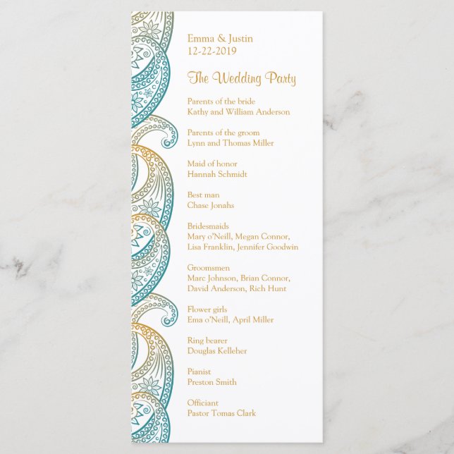 Teal and Gold Indian Paisley Rackcard Program (Front)