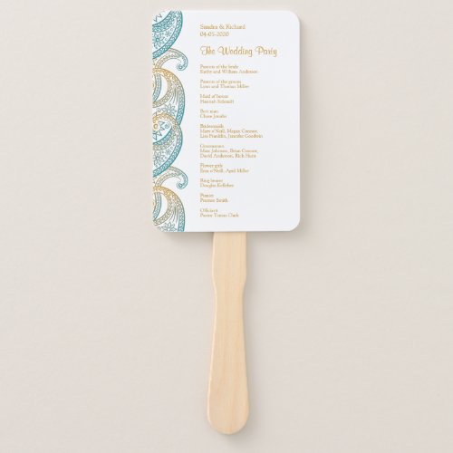 Teal and Gold Indian Paisley Wedding Program Hand Fan