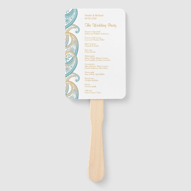 Teal and Gold Indian Paisley Wedding Program Hand Fan (Front)
