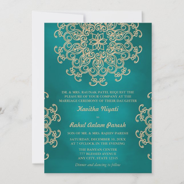 TEAL AND GOLD INDIAN STYLE WEDDING INVITATION (Front)