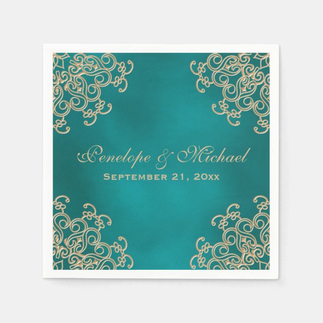 Teal and Gold Indian Style Wedding Paper Napkins (Front)