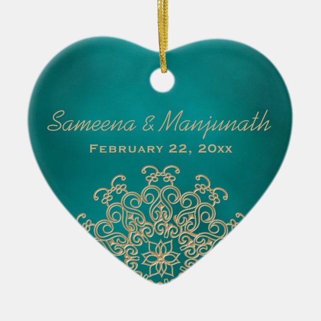 Teal and Gold Indian Style Wedding Party Favor Ceramic Ornament (Front)