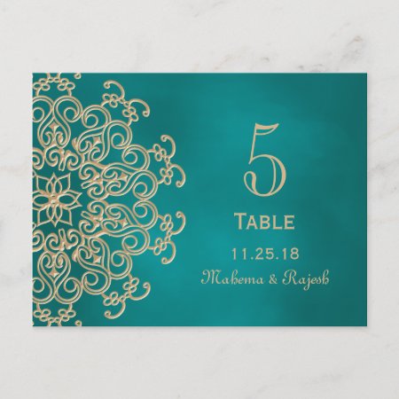 Teal And Gold Indian Wedding Table Number Card