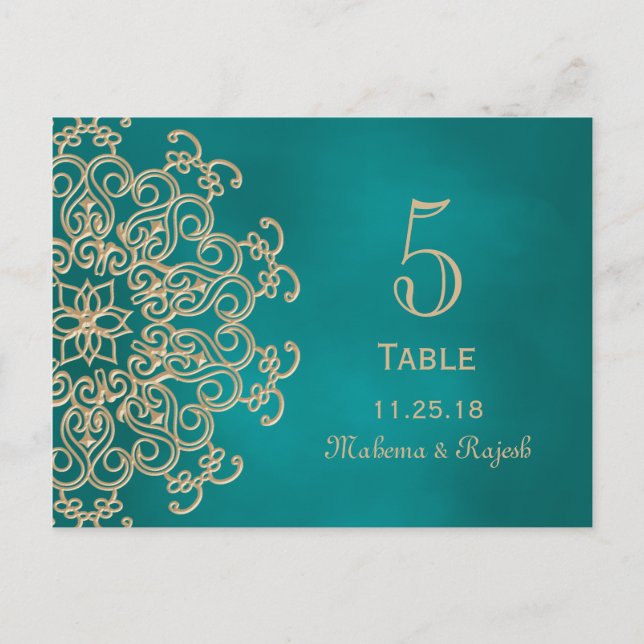 TEAL AND GOLD INDIAN WEDDING TABLE NUMBER CARD (Front)