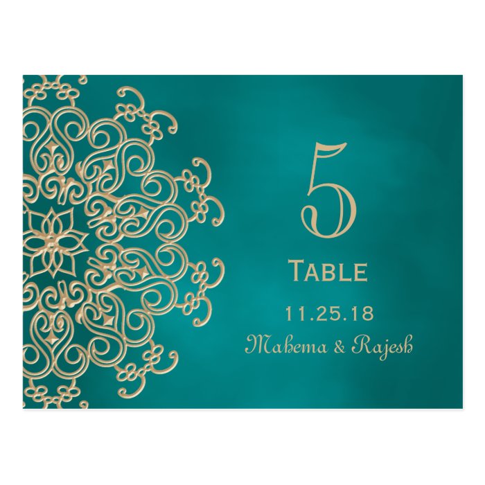 TEAL AND GOLD INDIAN WEDDING TABLE NUMBER CARD POST CARDS