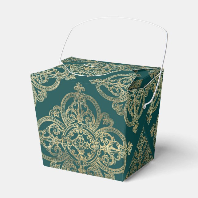 Teal and Gold Ironwork Pattern Favor Boxes (Front Side)