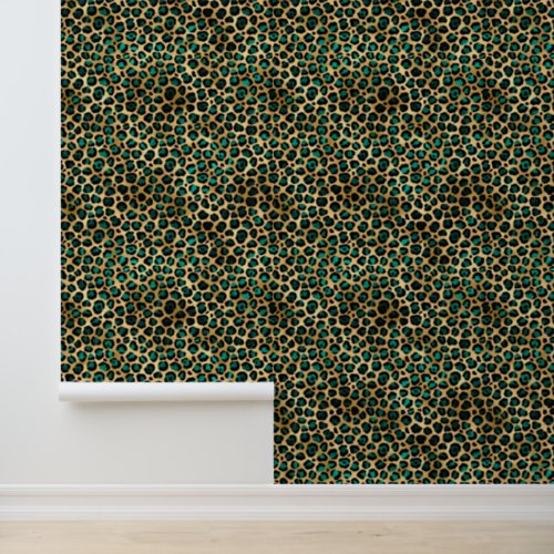 Teal and gold leopard animal print pattern wallpaper 