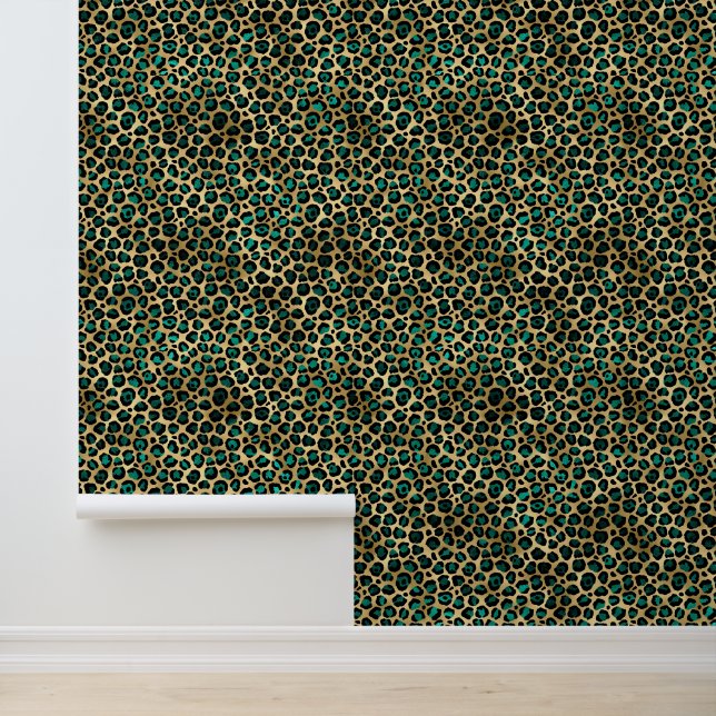 Teal and gold leopard animal print pattern wallpaper  (Application)