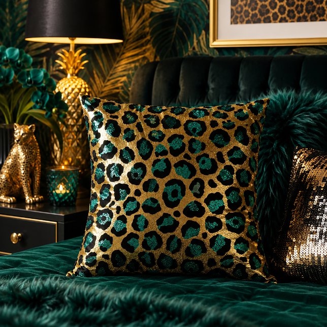 Teal and Gold Leopard Print Animal Pattern Throw Pillow (Creator Uploaded)