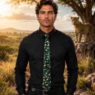 Teal and Gold Leopard Print Neck Tie