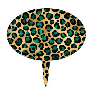 Teal and Gold Leopard Series Design 14 Cake Topper