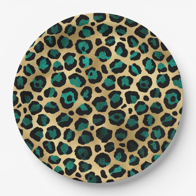 Teal and Gold Leopard Series Design 14 Paper Plates (Front)