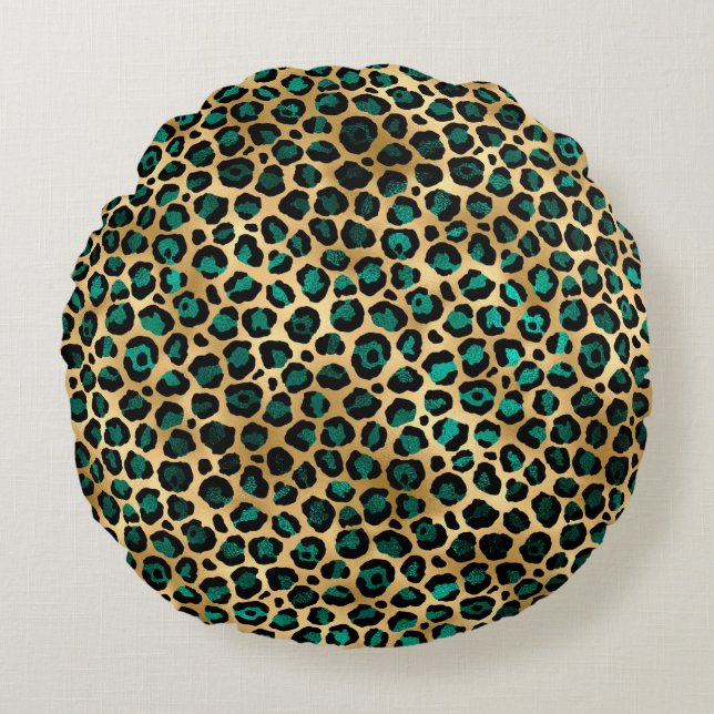 Teal and Gold Leopard Series Design 14  Round Pillow (Front)