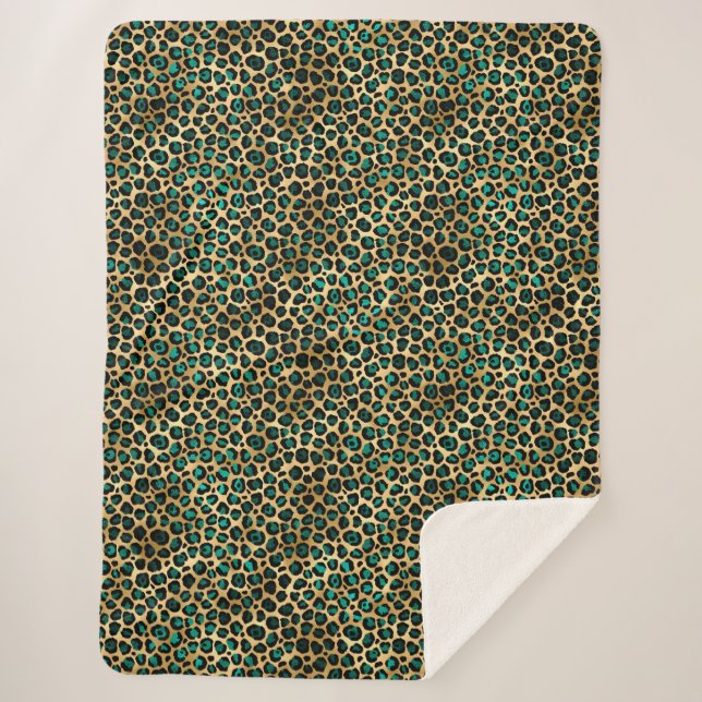 Teal and Gold Leopard Series Design 14   Sherpa Blanket (Front)