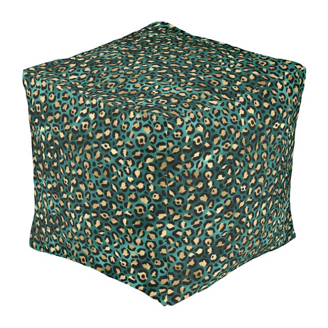 Teal and Gold Leopard Series Design 3 Pouf (Angled Front)