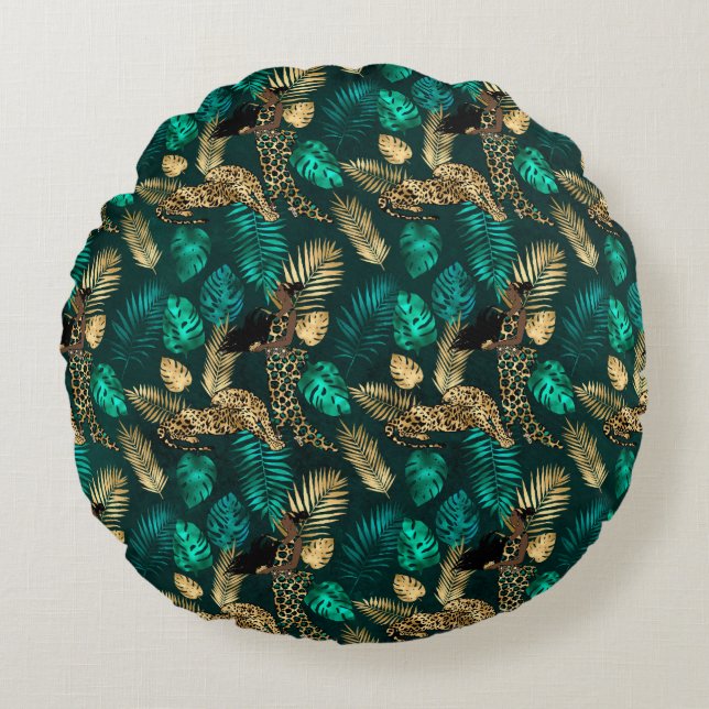 Teal and Gold Leopard Series Design 7 Round Pillow (Front)