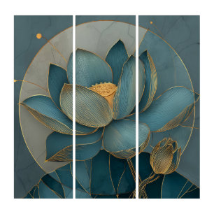 Teal and Gold Lotus Flower Geometric Line Art Zen