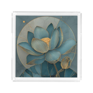 Teal and Gold Lotus Flower Geometric Line Art Zen Acrylic Tray