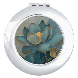 Teal and Gold Lotus Flower Geometric Line Art Zen Compact Mirror