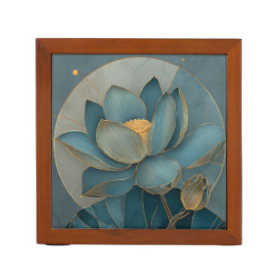 Teal and Gold Lotus Flower Geometric Line Art Zen Desk Organizer