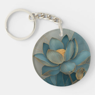 Teal and Gold Lotus Flower Geometric Line Art Zen Keychain