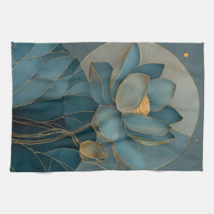 Teal and Gold Lotus Flower Geometric Line Art Zen Kitchen Towel
