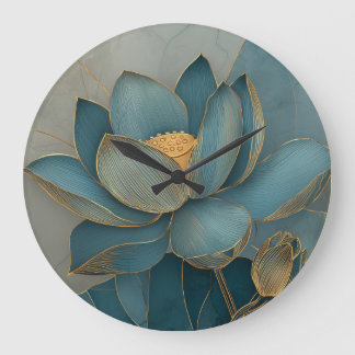 Teal and Gold Lotus Flower Geometric Line Art Zen Large Clock