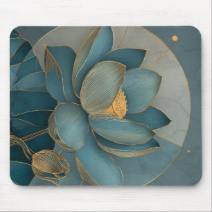 Teal and Gold Lotus Flower Geometric Line Art Zen Mouse Pad