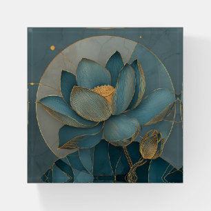 Teal and Gold Lotus Flower Geometric Line Art Zen Paperweight