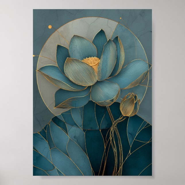 Teal and Gold Lotus Flower Geometric Line Art Zen Poster (Front)