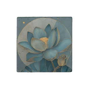 Teal and Gold Lotus Flower Geometric Line Art Zen Stone Magnet