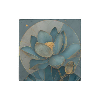 Teal and Gold Lotus Flower Geometric Line Art Zen Stone Magnet