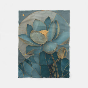 Teal and Gold Lotus Flower Geometric Line Fleece Blanket