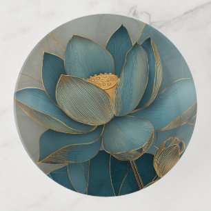 Teal and Gold Lotus Flower Geometric Line Trinket Tray