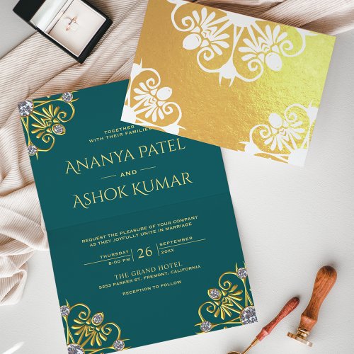 Teal and Gold Mandala Indian Wedding Invitation