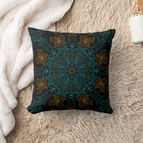 Teal and Gold Mandala with Butterfly Throw Pillow