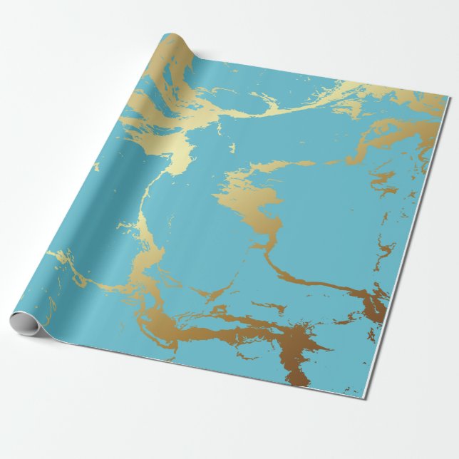 Teal and Gold Marble Acrylic Painting Abstract Bac Wrapping Paper (Unrolled)