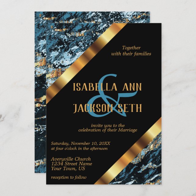 Teal and Gold Marble Invitation (Front/Back)