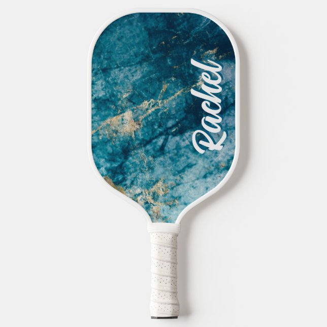Teal and Gold Marble with Name - Personalized  Pickleball Paddle (Front)