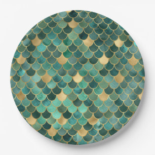 Teal and Gold Mermaid Scales Paper Plates