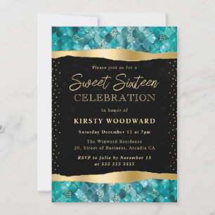 Teal and Gold Mermaid Scales Sweet 16 Invitation