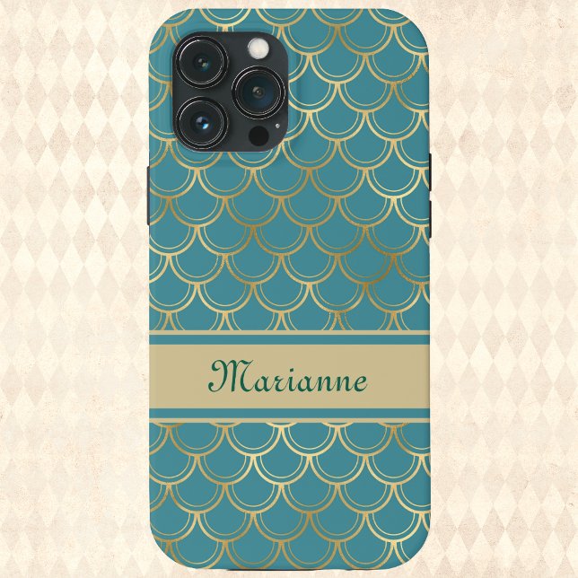 Teal and Gold Mermaid Scales with Monogram Name Case-Mate iPhone Case (Creator Uploaded)