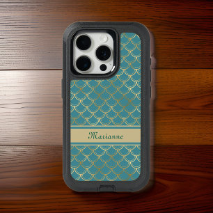 Teal and Gold Mermaid Scales with Monogram Name iPhone 15 Pro Case