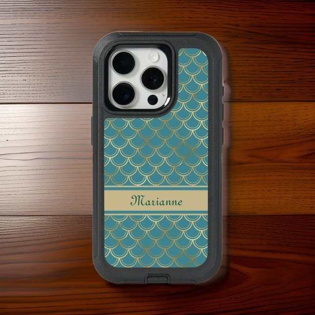 Teal and Gold Mermaid Scales with Monogram Name iPhone 15 Pro Case (Creator Uploaded)