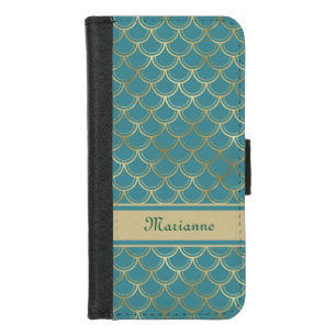 Teal and Gold Mermaid Scales with Monogram Name iPhone 8/7 Wallet Case