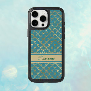 Teal and Gold Mermaid Scales with Monogram Name iPhone 16 Pro Max Case