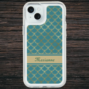 Teal and Gold Mermaid Scales with Monogram Name iPhone 15 Plus Case