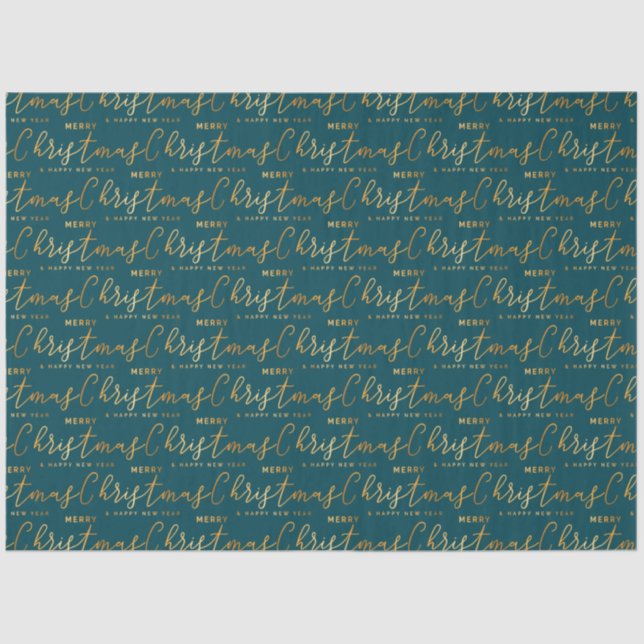 Teal and Gold Merry Christmas Word Art Tissue Paper (Front)