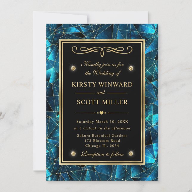 Teal and Gold Midnight Crystal Galaxy Wedding Invitation (Front)